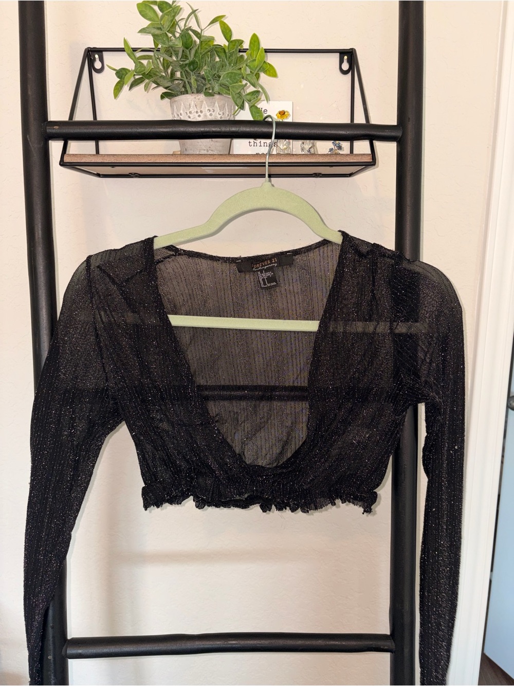 Forever 21 Black Sheer Metallic Long-Sleeve Crop Top